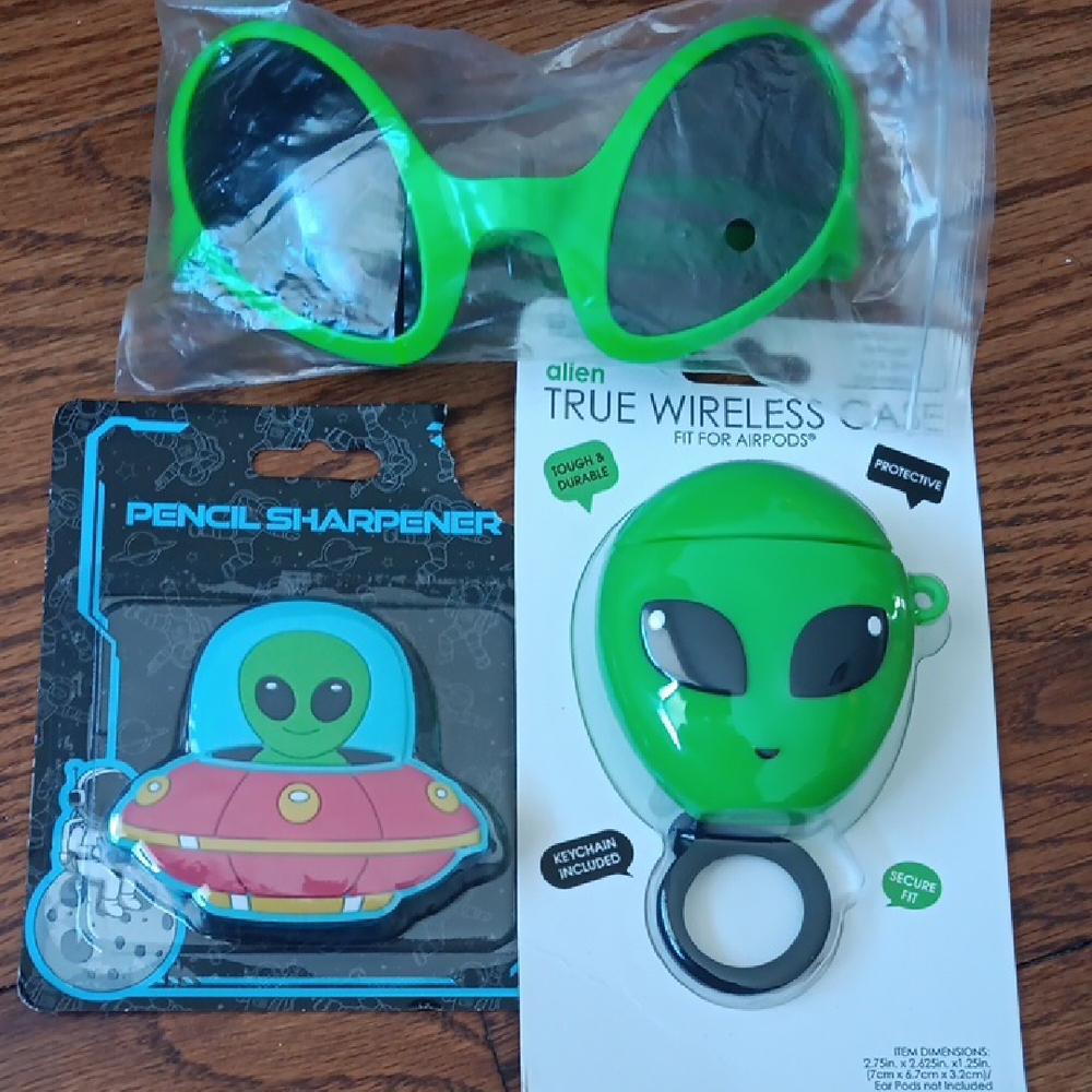 Green Alien Sunglasses and AirPods Case Set
